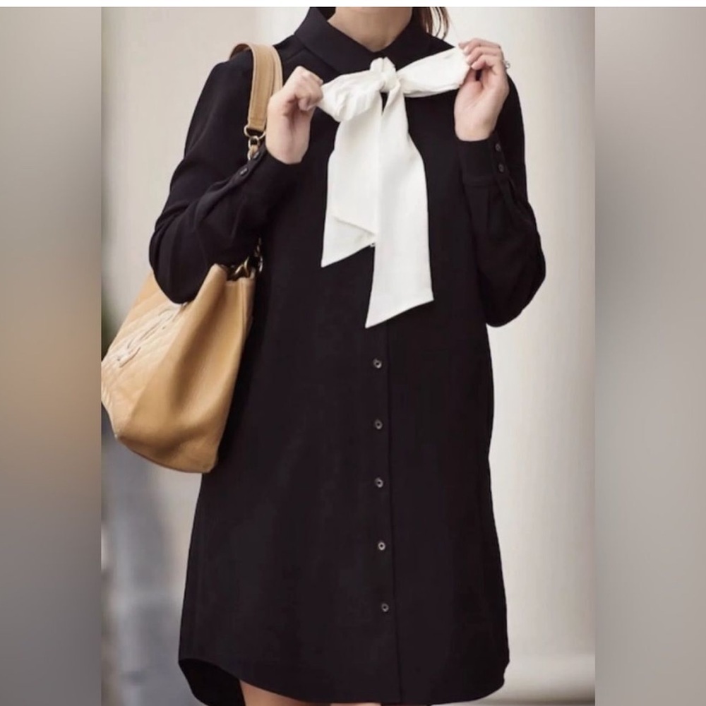 Kate Spade Black Knee Length Shirt Dress s Bow Tie Neck Workwear - Picture 2 of 7